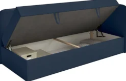 Łóżko młodzieżowe 90x200 cm Calmmo prawostronne z pojemnikiem granatowe szenil hydrofobowy