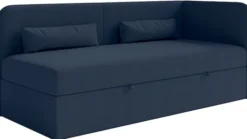 Łóżko młodzieżowe 90x200 cm Calmmo prawostronne z pojemnikiem granatowe szenil hydrofobowy