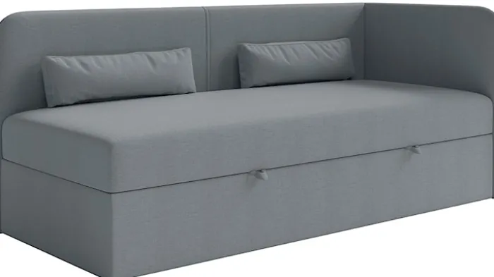 Łóżko młodzieżowe 90x200 cm Calmmo prawostronne z pojemnikiem ciemnoszare szenil hydrofobowy
