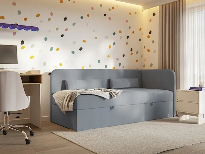 Łóżko młodzieżowe 90x200 cm Calmmo prawostronne z pojemnikiem ciemnoszare szenil hydrofobowy