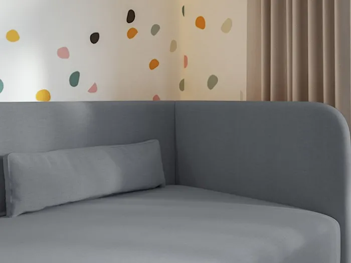 Łóżko młodzieżowe 90x200 cm Calmmo prawostronne z pojemnikiem ciemnoszare szenil hydrofobowy