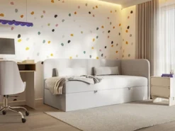Łóżko młodzieżowe 90x200 cm Calmmo prawostronne z pojemnikiem jasnoszare szenil hydrofobowy