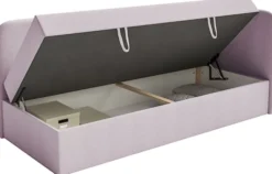 Łóżko młodzieżowe 90x200 cm Calmmo prawostronne z pojemnikiem różowe szenil hydrofobowy