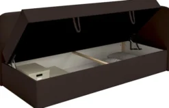 Łóżko młodzieżowe 90x200 cm Calmmo prawostronne z pojemnikiem ciemnobrązowe szenil hydrofobowy
