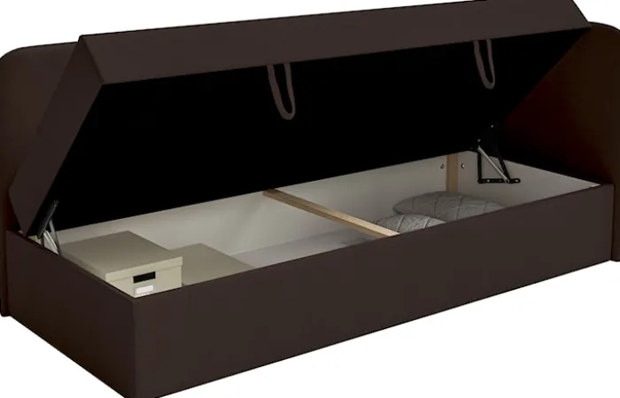 Łóżko młodzieżowe 90x200 cm Calmmo prawostronne z pojemnikiem ciemnobrązowe szenil hydrofobowy