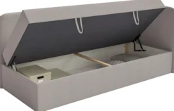 Łóżko młodzieżowe 90x200 cm Calmmo prawostronne z pojemnikiem ciemnobeżowe szenil hydrofobowy