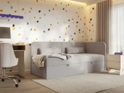 Łóżko młodzieżowe 90x200 cm Calmmo prawostronne z pojemnikiem ciemnobeżowe szenil hydrofobowy