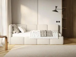 Łóżko młodzieżowe 90x200 cm Cloudy lewostronne z pojemnikiem jasnobeżowe boucle