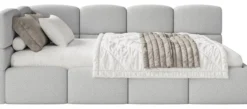 Łóżko młodzieżowe 90x200 cm Cloudy lewostronne z pojemnikiem szarobeżowe boucle