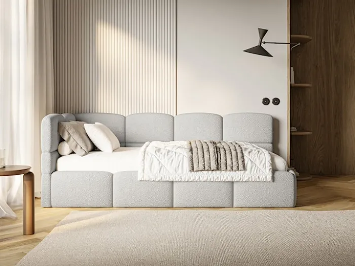 Łóżko młodzieżowe 90x200 cm Cloudy lewostronne z pojemnikiem szarobeżowe boucle