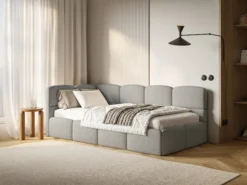 Łóżko młodzieżowe 90x200 cm Cloudy lewostronne z pojemnikiem szare boucle