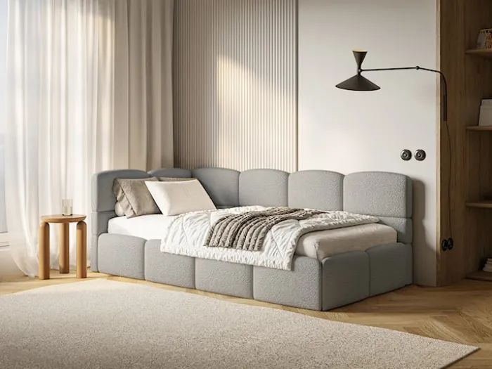 Łóżko młodzieżowe 90x200 cm Cloudy lewostronne z pojemnikiem szare boucle