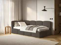 Łóżko młodzieżowe 90x200 cm Cloudy lewostronne z pojemnikiem brązowe szenil