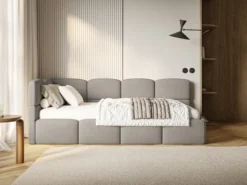 Łóżko młodzieżowe 90x200 cm Cloudy lewostronne z pojemnikiem jasnobrązowe szenil