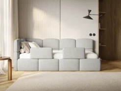 Łóżko młodzieżowe 90x200 cm Cloudy lewostronne z pojemnikiem i barierkami szarobeżowe boucle