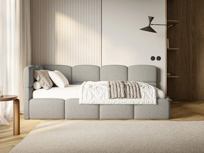 Łóżko młodzieżowe 90x200 cm Cloudy lewostronne z pojemnikiem i barierkami szare boucle