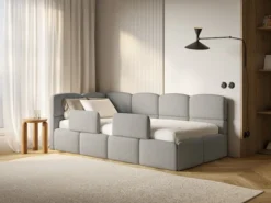 Łóżko młodzieżowe 90x200 cm Cloudy lewostronne z pojemnikiem i barierkami szare boucle