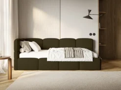 Łóżko młodzieżowe 90x200 cm Cloudy lewostronne z pojemnikiem i barierkami oliwkowe boucle