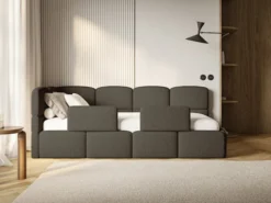 Łóżko młodzieżowe 90x200 cm Cloudy lewostronne z pojemnikiem i barierkami brązowe boucle