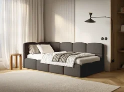 Łóżko młodzieżowe 90x200 cm Cloudy lewostronne z pojemnikiem i barierkami brązowe boucle