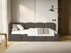 Łóżko młodzieżowe 90x200 cm Cloudy lewostronne z pojemnikiem i barierkami brązowe szenil