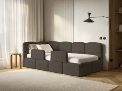 Łóżko młodzieżowe 90x200 cm Cloudy lewostronne z pojemnikiem i barierkami brązowe szenil