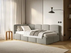Łóżko młodzieżowe 90x200 cm Cloudy lewostronne z pojemnikiem i barierkami jasnobrązowe szenil