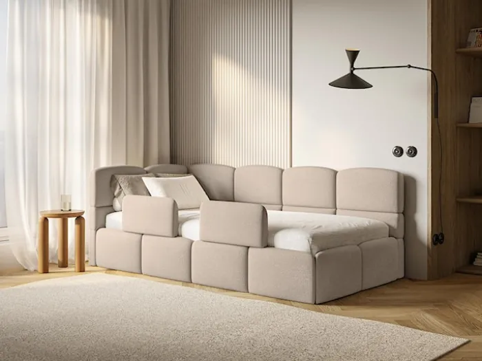 Łóżko młodzieżowe 90x200 cm Cloudy lewostronne z pojemnikiem i barierkami beżowe szenil