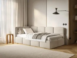 Łóżko młodzieżowe 90x200 cm Cloudy lewostronne z pojemnikiem i barierkami kremowe szenil