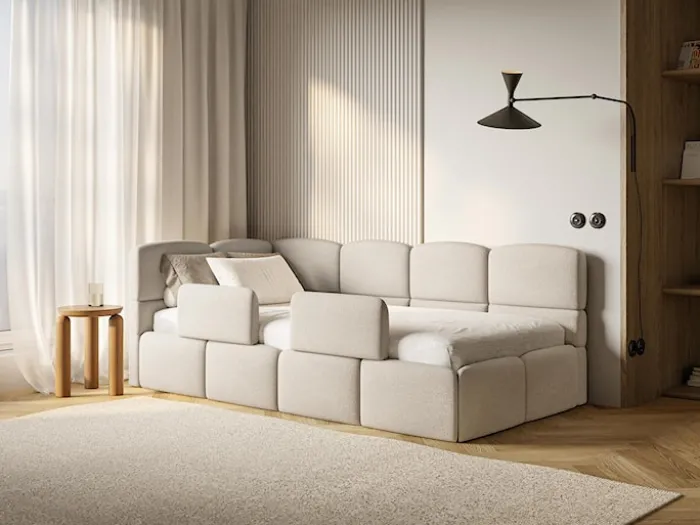 Łóżko młodzieżowe 90x200 cm Cloudy lewostronne z materacem pojemnikiem i barierkami kremowe szenil