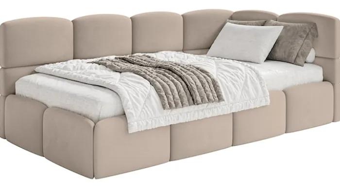 Łóżko młodzieżowe 90x200 cm Cloudy prawostronne z pojemnikiem beżowe welur hydrofobowy łatwoczyszczący