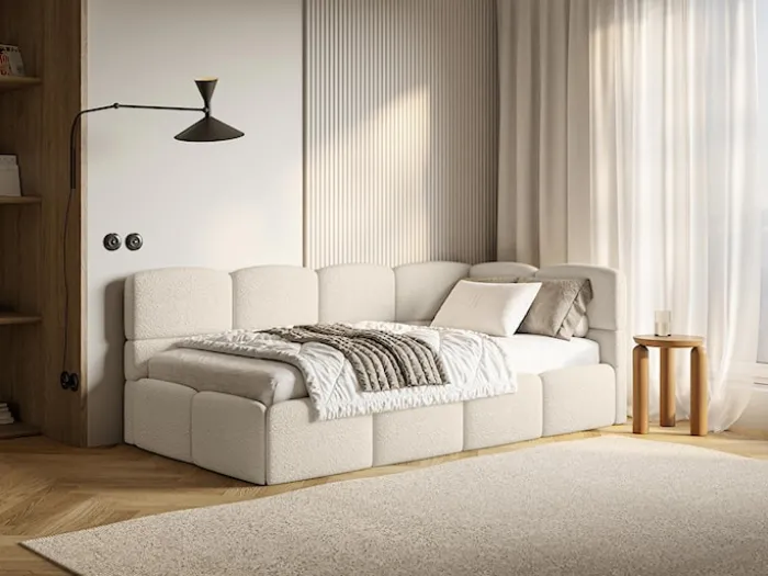 Łóżko młodzieżowe 90x200 cm Cloudy prawostronne z pojemnikiem jasnobeżowe boucle