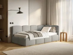 Łóżko młodzieżowe 90x200 cm Cloudy prawostronne z pojemnikiem szare boucle