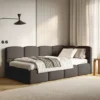 Łóżko młodzieżowe 90x200 cm Cloudy prawostronne z pojemnikiem brązowe boucle