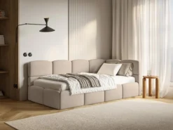 Łóżko młodzieżowe 90x200 cm Cloudy prawostronne z pojemnikiem beżowe szenil