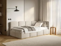 Łóżko młodzieżowe 90x200 cm Cloudy prawostronne z pojemnikiem kremowe szenil
