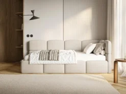 Łóżko młodzieżowe 90x200 cm Cloudy prawostronne z pojemnikiem kremowe szenil