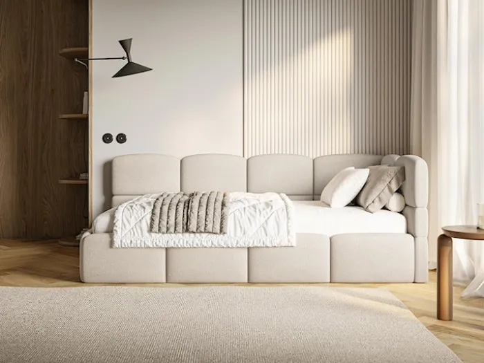 Łóżko młodzieżowe 90x200 cm Cloudy prawostronne z pojemnikiem kremowe szenil