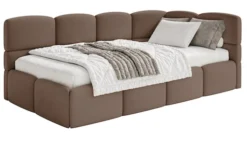 Łóżko młodzieżowe 90x200 cm Cloudy prawostronne z pojemnikiem i barierkami brązowe welur hydrofobowy łatwoczyszczący