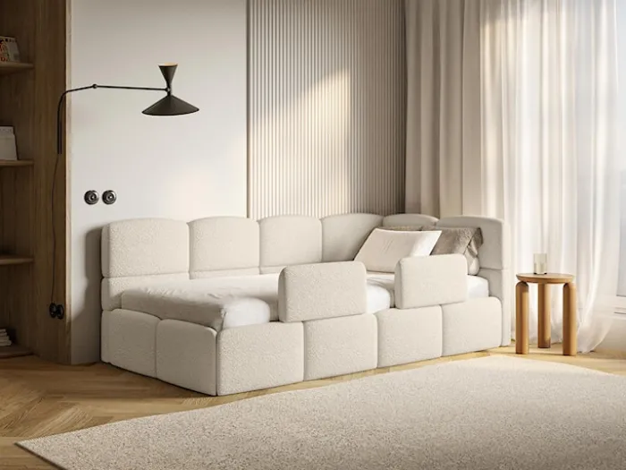 Łóżko młodzieżowe 90x200 cm Cloudy prawostronne z pojemnikiem i barierkami jasnobeżowe boucle