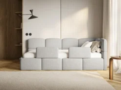 Łóżko młodzieżowe 90x200 cm Cloudy prawostronne z pojemnikiem i barierkami szarobeżowe boucle