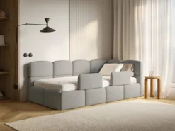 Łóżko młodzieżowe 90x200 cm Cloudy prawostronne z pojemnikiem i barierkami szare boucle