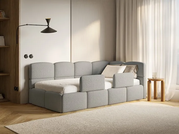 Łóżko młodzieżowe 90x200 cm Cloudy prawostronne z pojemnikiem i barierkami szare boucle