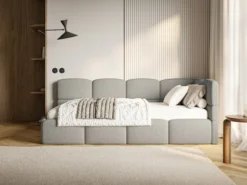 Łóżko młodzieżowe 90x200 cm Cloudy prawostronne z pojemnikiem i barierkami szare boucle