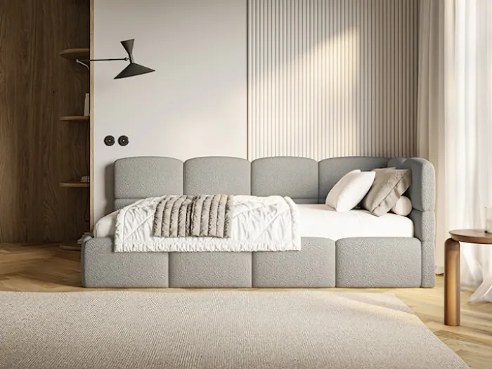 Łóżko młodzieżowe 90x200 cm Cloudy prawostronne z pojemnikiem i barierkami szare boucle