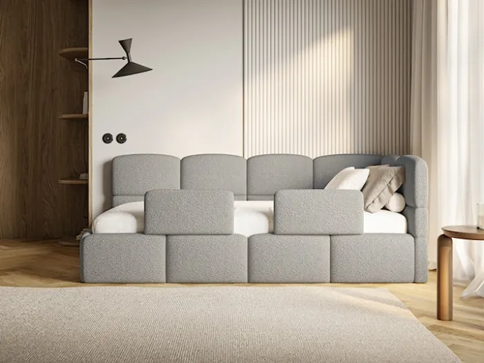 Łóżko młodzieżowe 90x200 cm Cloudy prawostronne z pojemnikiem i barierkami szare boucle