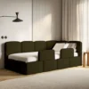 Łóżko młodzieżowe 90x200 cm Cloudy prawostronne z pojemnikiem i barierkami oliwkowe boucle