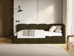Łóżko młodzieżowe 90x200 cm Cloudy prawostronne z pojemnikiem i barierkami oliwkowe boucle