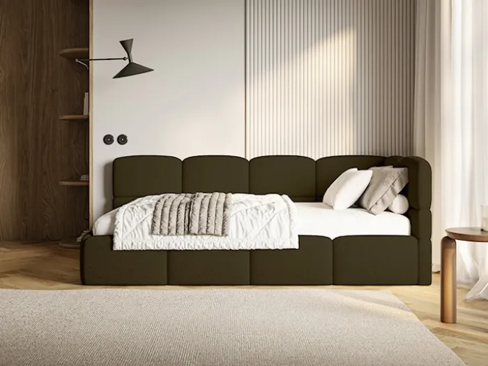 Łóżko młodzieżowe 90x200 cm Cloudy prawostronne z pojemnikiem i barierkami oliwkowe boucle