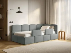 Łóżko młodzieżowe 90x200 cm Cloudy prawostronne z pojemnikiem i barierkami ciemnoszare szenil